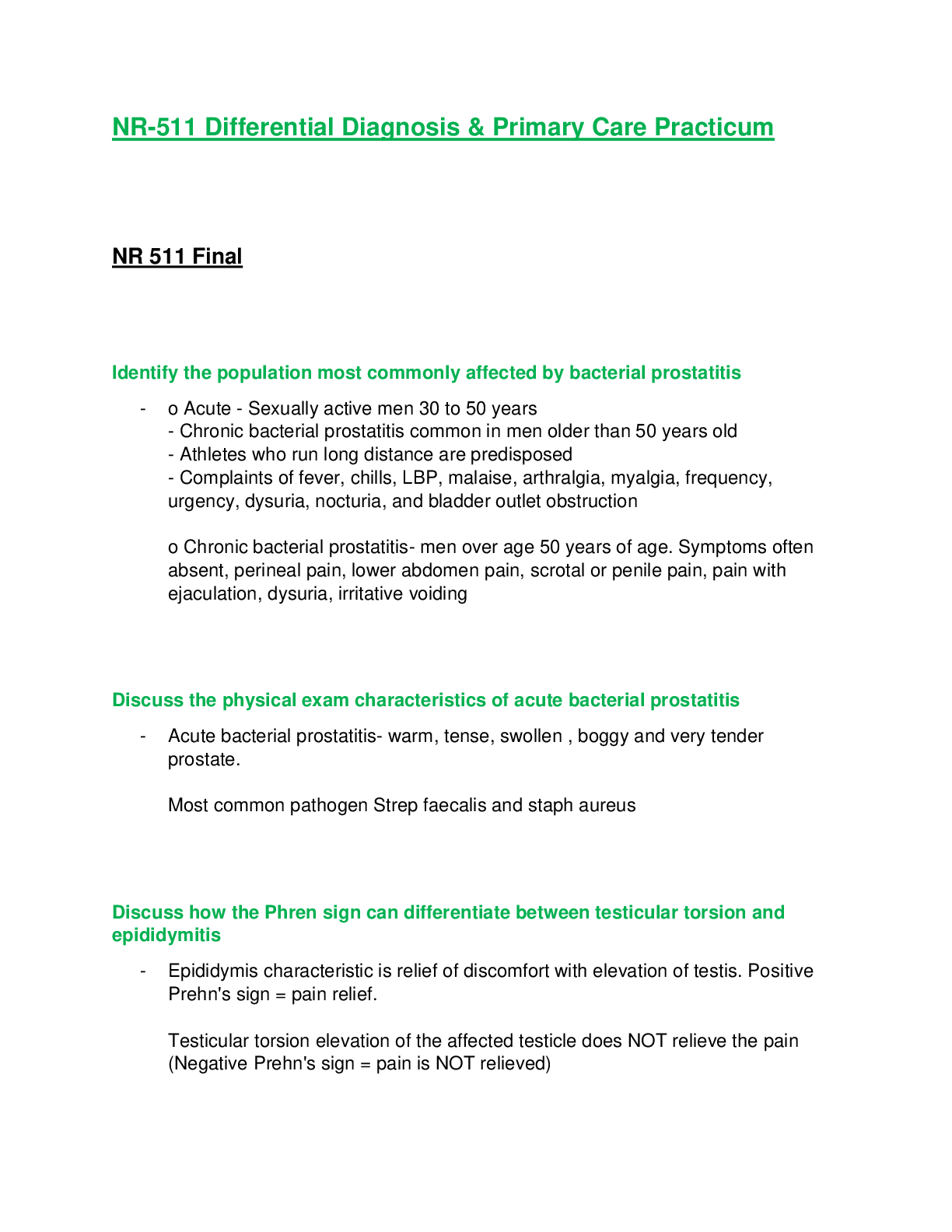 Preview of NR511 / NR 511: Differential Diagnosis & Primary Care Practicum Final Exam Review . Chambe
